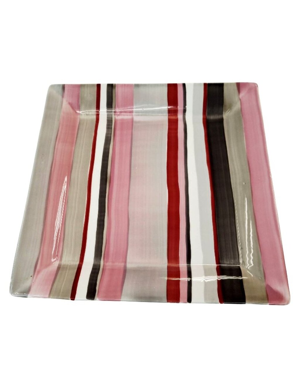 Striped Square Ceramic Serving Platter By Le Faubourg 12" Pink Red Beige Black